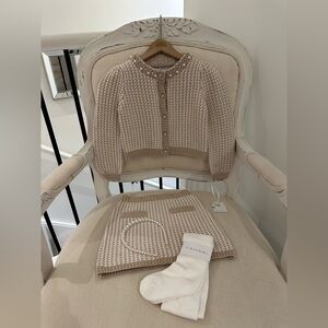 🤍 4T Tahari Beige & Cream Tweed Knit Set with Crystals, Pearls, Matching Tights